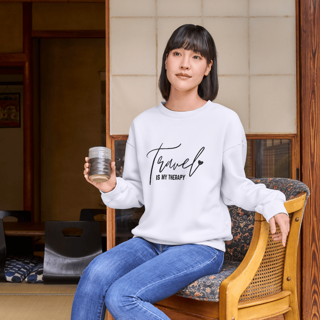 Travel Therapy Crewneck Sweatshirt | Cozy Unisex Sweatshirt, Travel Lover Gift, Adventure Apparel, Holiday Sweatshirt, Self-Care Fashion