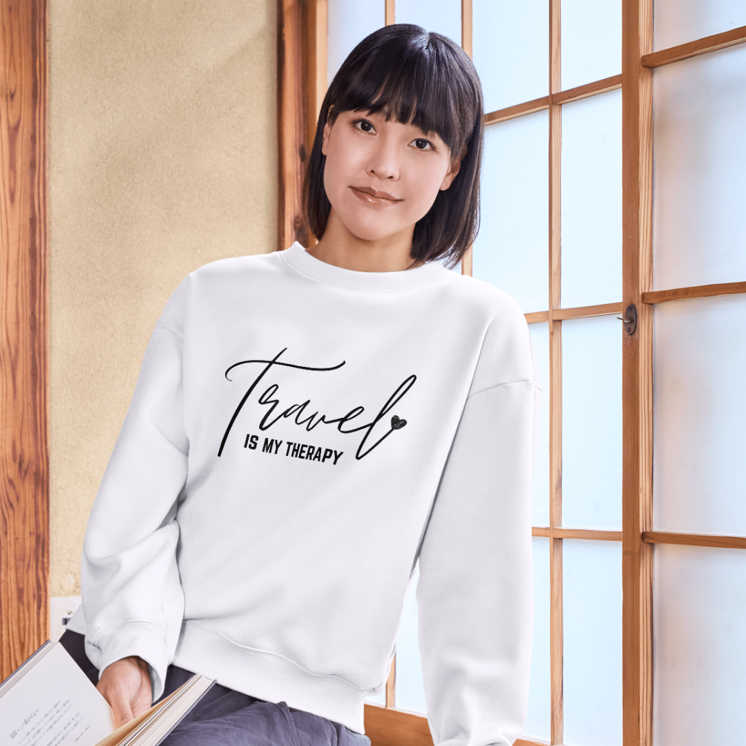Travel Therapy Crewneck Sweatshirt | Cozy Unisex Sweatshirt, Travel Lover Gift, Adventure Apparel, Holiday Sweatshirt, Self-Care Fashion