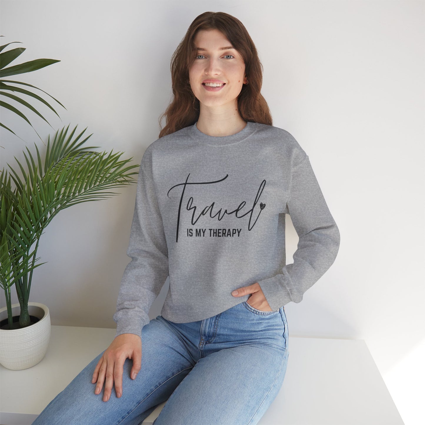 Travel Therapy Crewneck Sweatshirt | Cozy Unisex Sweatshirt, Travel Lover Gift, Adventure Apparel, Holiday Sweatshirt, Self-Care Fashion